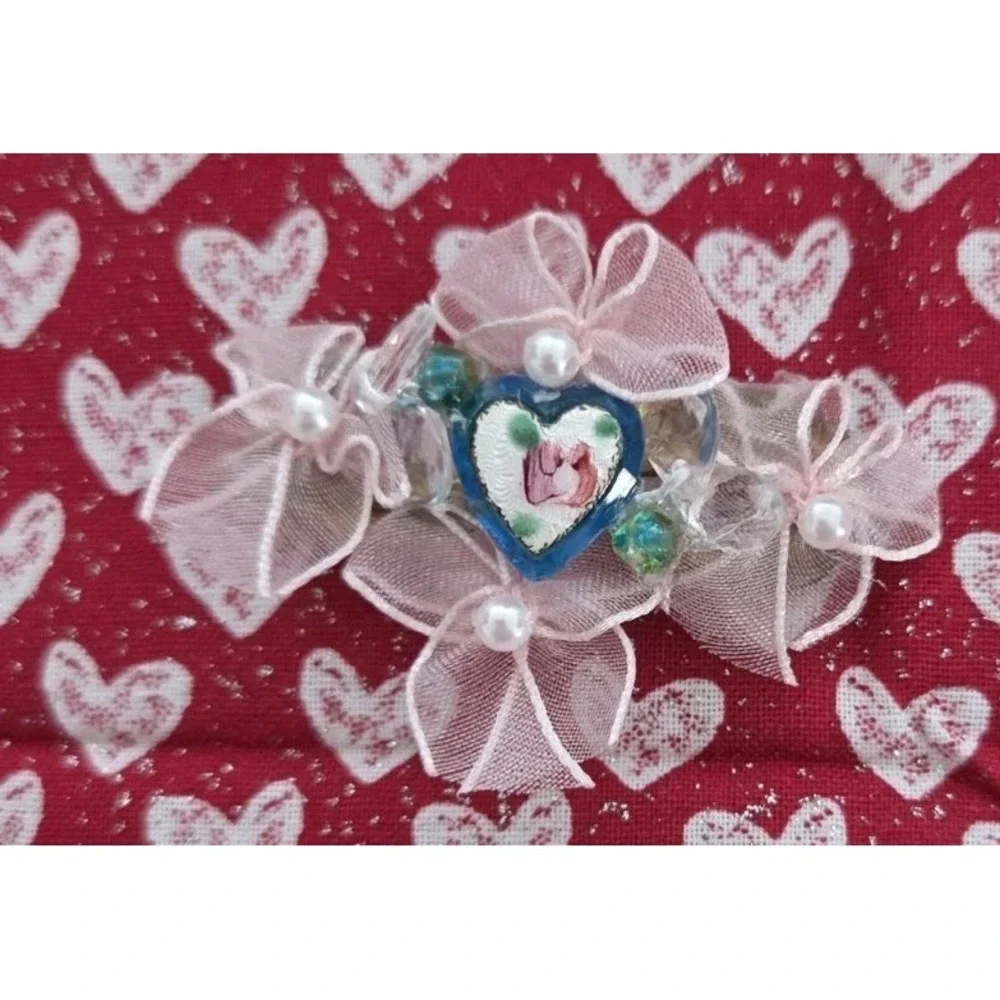 Vintage Guilloche Heart Hair Barrette Gold-toned Metal Pink Blue White Bows